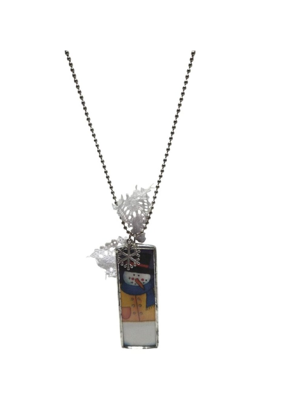 Handmade Snowman Pendant Necklace Snowflake Charm Lace Accents Winter Theme